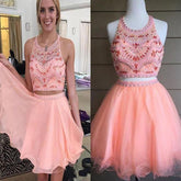 Blush pink two pieces beaded off shoulder sweet 16 cute cocktail graduation homecoming prom dresses, TYP0084