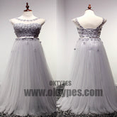 Appliques Beading Tulle Long Floor Length Prom Dresses, Scoop Backless Prom Dresses, TYP0358