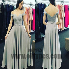 A-Line Off-Shoulder Open Back Sweetheart Grey Chiffon Prom Dresses with Appliques, TYP0464
