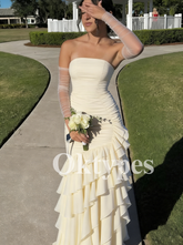 Champagne Ruched Prom Dress with Tiered Ruffles Trending 2026 Prom Styles Bodycon Formal Gown