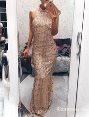 Champagne Foraml Evening Long High Neck With Sequins Prom Dresses, TYP1658