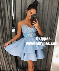A-Line Spaghetti Straps Tiered Pink Satin Homecoming Dress with Sequins, TYP0921
