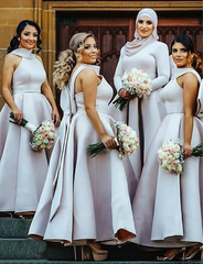 A-Line High Neck Navy Blue Satin Bridesmaid Dresses with Bow Knot, TYP1312
