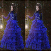 Blue Halter Long Sleeve Lace Tulle Flower Girl Dresses With Ruffles, TYP0769