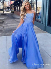 A-Line Spaghetti Straps Sleeveless Blue Floor Length Prom Dresses, TYP1870
