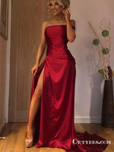 A-Line Burgundy Sleeveless Long Strapless Party Prom Dresses with Split, TYP1800