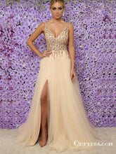 A-Line V-Neck Champagne Beaded Long Cheap Prom Dresses With Slit, TYP1623