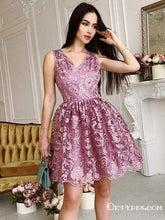 A-Line V-Neck Sleeveless Organza Appliqued With Ruched Short/Mini Cheap Homecoming Dresses, TYP2037