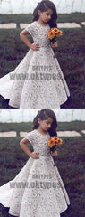 A-Line Round Neck Short Sleeves Sweep Train Ivory Lace Flower Girl Dresses, TYP0719