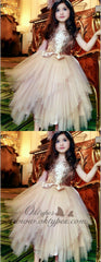 A-Line Round Neck Gold Tulle Flower Girl Dresses with Sequins&Bow Knot, TYP1330