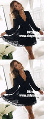 A-Line V-Neck Long Sleeves Little Black Lace Homecoming Dresses, TYP0901