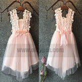A-Line Square Short Pink Tulle Flower Girl Dress with Lace Flowers, TYP0786