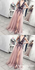 A-Line Deep V-Neck Backless Pink Tulle Long Prom Dress with Appliques, TYP1640