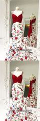 2 pieces Spaghetti Red Top Floral Mermaid Skirt Prom Dresses, Popular Prom Dresses, TYP0454