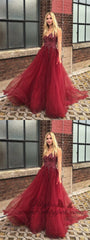 Burgundy V-neck Beading Bodice Long Tulle Prom Dresses, TYP1603