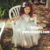 A-Line Jewel Tea-Length Silver Tulle Sequined Flower Girl Dresses, TYP0929