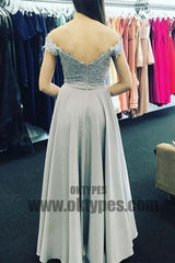 A-Line Off-Shoulder Open Back Sweetheart Grey Chiffon Prom Dresses with Appliques, TYP0464
