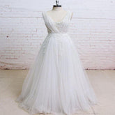 Backless V Neck Lace A-line Cheap Wedding Bridal Dresses, Wedding Dresses, TYP0499