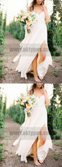 Casual Spaghetti Straps V Neck Side Slit Simple Beach Wedding Dresses, TYP0800