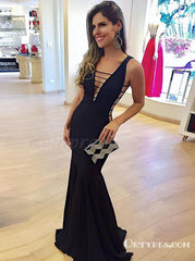 Black Sexy Mermaid Low Cut V-Neck Long Cheap Prom Dresses, TYP1796