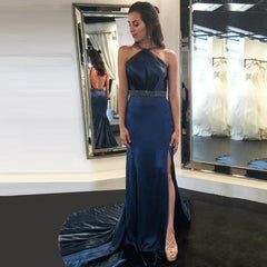 A-Line Halter Backless Court Train Dark Blue Satin Prom Dresses with Beading, TYP1272