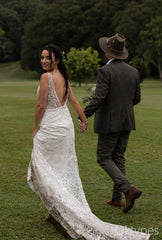 Beautiful Full Lace Mermaid Spaghetti Strap Empire White Long Wedding Dresses,WDS0151