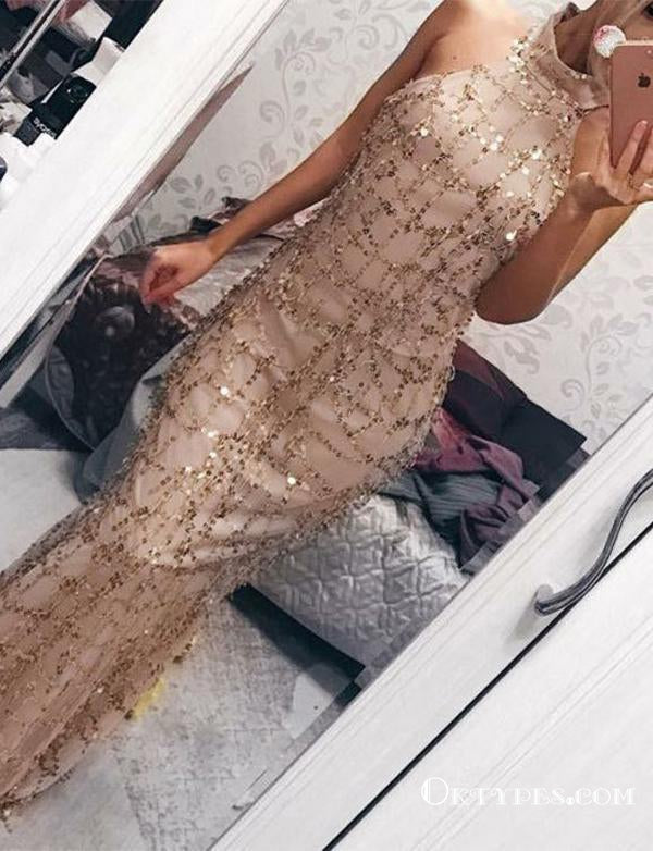 Champagne Foraml Evening Long High Neck With Sequins Prom Dresses, TYP1658