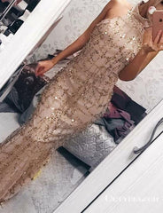 Champagne Foraml Evening Long High Neck With Sequins Prom Dresses, TYP1658