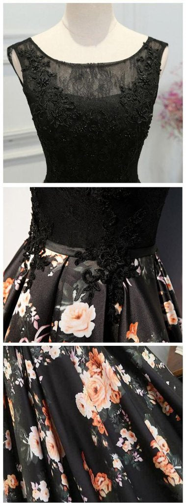 Black Scoop Neck Lace Bodice A-line Long Evening Prom Dresses, TYP0383