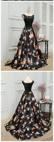 Black Scoop Neck Lace Bodice A-line Long Evening Prom Dresses, TYP0383