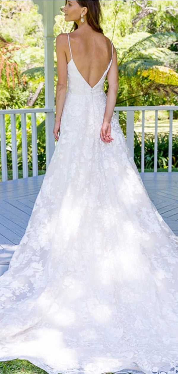 A-Line Spaghetti Straps Backless Long Lace Wedding Dresses Online, TYP1323