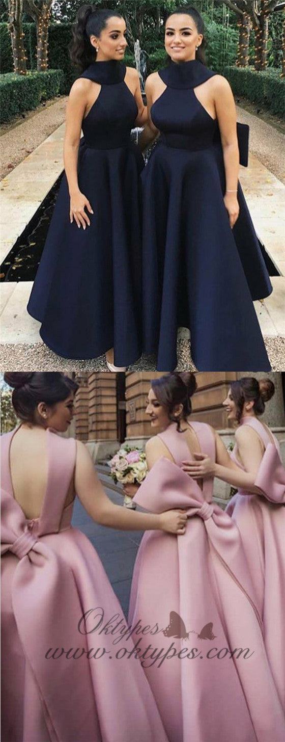 A-Line High Neck Navy Blue Satin Bridesmaid Dresses with Bow Knot, TYP1312