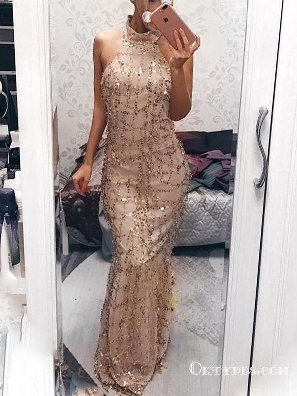 Champagne Foraml Evening Long High Neck With Sequins Prom Dresses, TYP1658