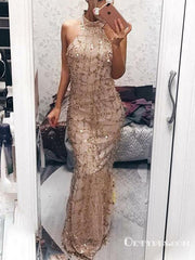 Champagne Foraml Evening Long High Neck With Sequins Prom Dresses, TYP1658