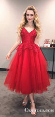 A Line V Neck Knee Length Lace Red Formal Homecoming Dresses, TYP1967