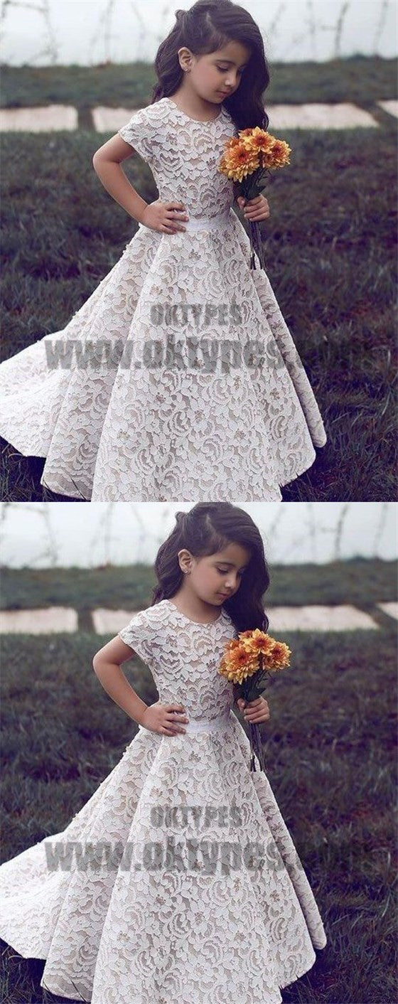 A-Line Round Neck Short Sleeves Sweep Train Ivory Lace Flower Girl Dresses, TYP0719
