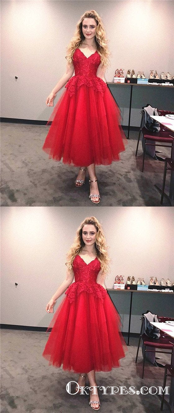 A Line V Neck Knee Length Lace Red Formal Homecoming Dresses, TYP1967