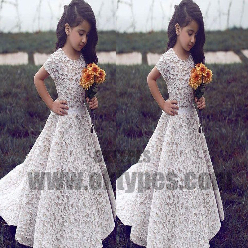A-Line Round Neck Short Sleeves Sweep Train Ivory Lace Flower Girl Dresses, TYP0719