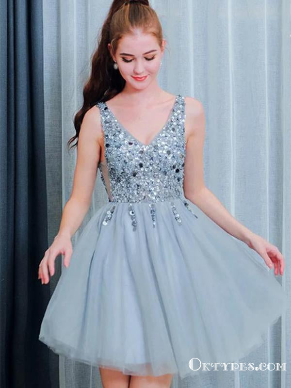 Bling A Line V Neck Light Blue Short Homecoming Dresses With Beading, TYP2030