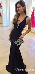 Black Sexy Mermaid Low Cut V-Neck Long Cheap Prom Dresses, TYP1796