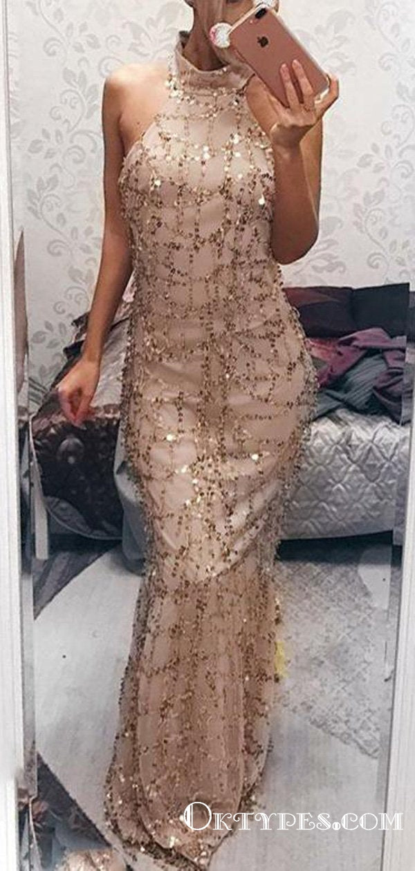 Champagne Foraml Evening Long High Neck With Sequins Prom Dresses, TYP1658
