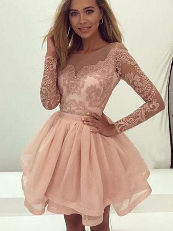 Champagne Lace Long Sleeves Illusion Short Cheap Homecoming Dresses, CM545