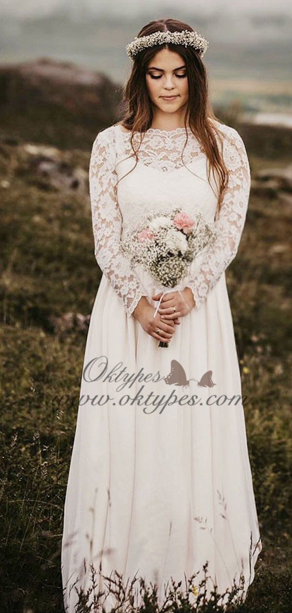 A-Line Bateau Long Chiffon Wedding Dresses with Long Sleeves, TYP1547