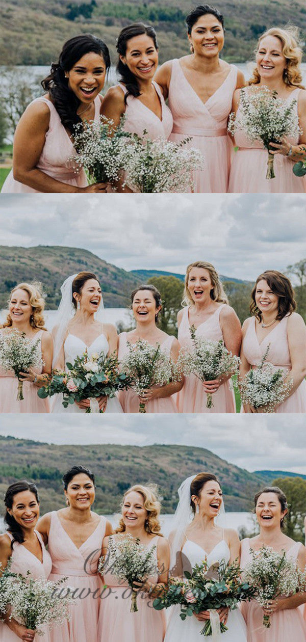 A-Line V-Neck Long Pink Tulle Bridesmaid Dresses with Sash, TYP1532