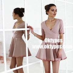 A-Line Scoop Blush Satin Short Homecoming Party Dress with Sleeves, TYP0945
