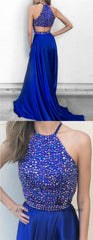 A-Line Round Neck Royal Blue Soft Satin Prom Dresses with Beading, TYP1309