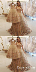 A Line Spaghetti Straps Champagne Prom Dresses With Appliques, TYP1821