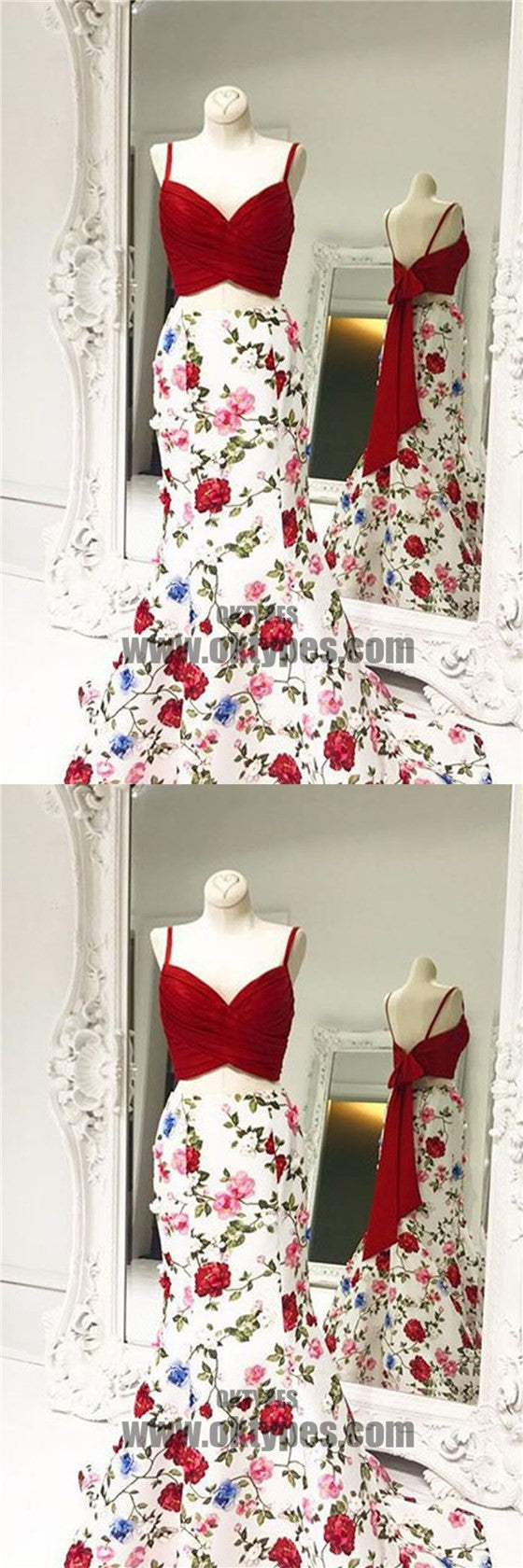 2 pieces Spaghetti Red Top Floral Mermaid Skirt Prom Dresses, Popular Prom Dresses, TYP0454