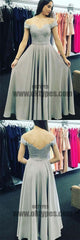 A-Line Off-Shoulder Open Back Sweetheart Grey Chiffon Prom Dresses with Appliques, TYP0464