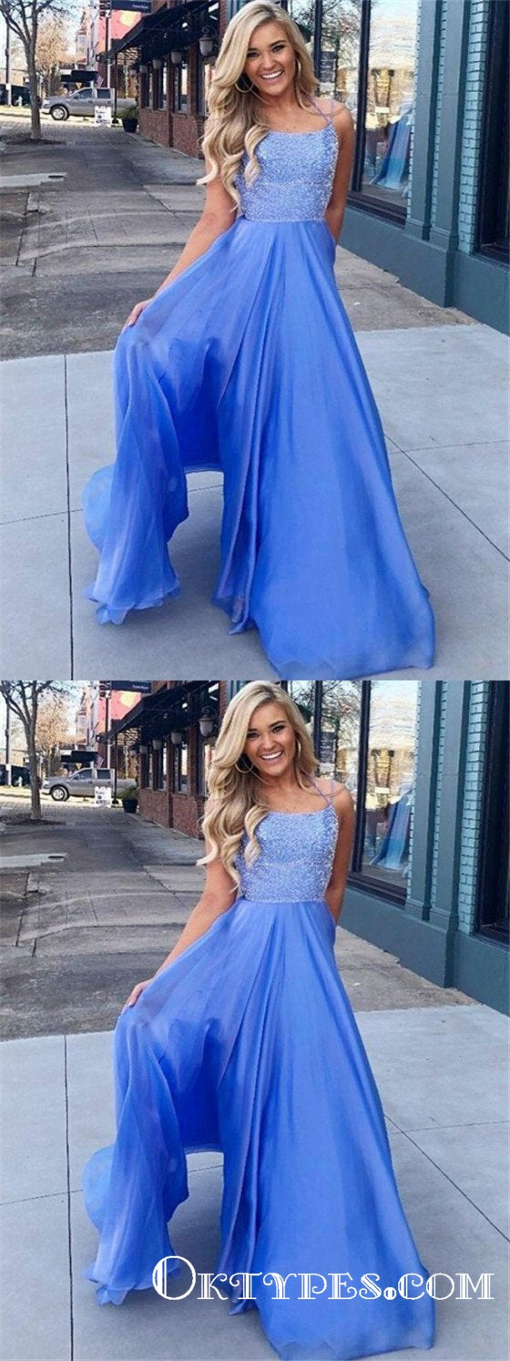 A-Line Spaghetti Straps Sleeveless Blue Floor Length Prom Dresses, TYP1870
